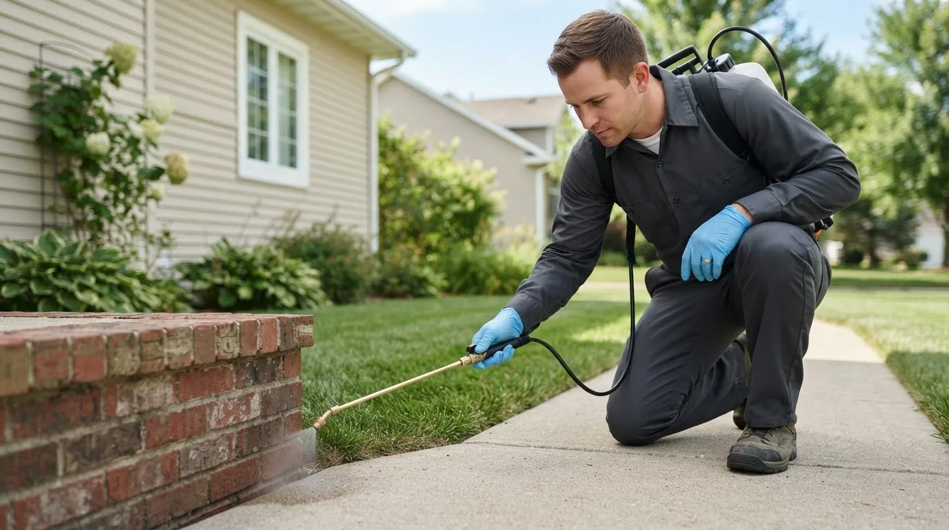 Pest control technician treating a home near Poteau, OK