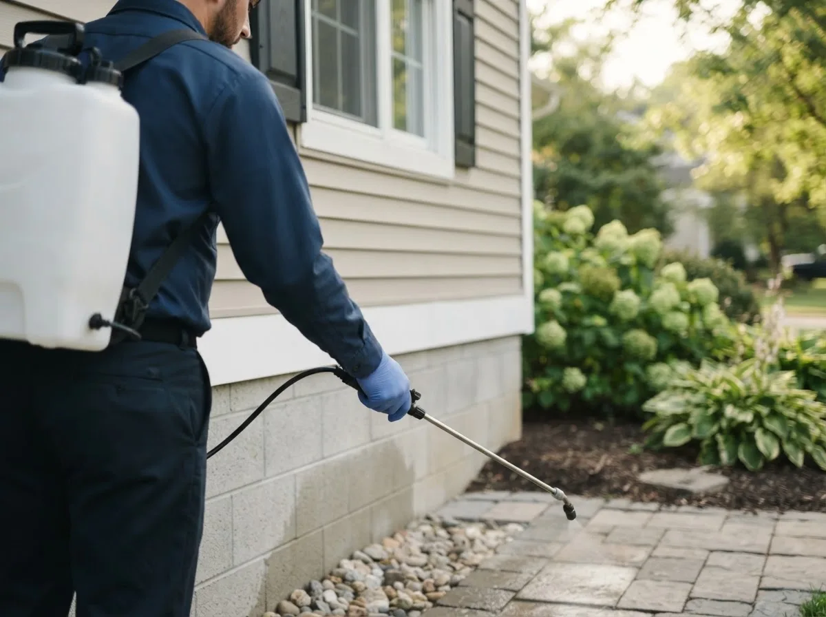 Pest control technician inspecting a home in Poteau, OK